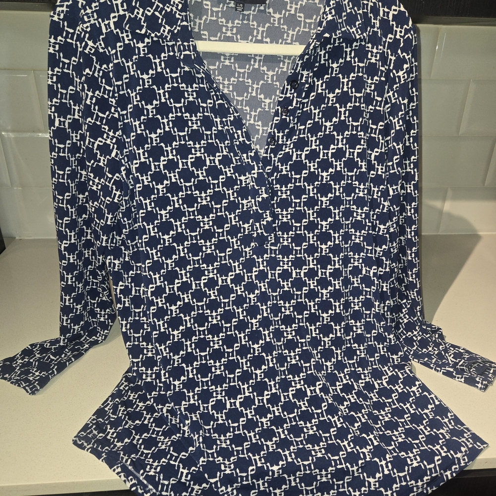 Navy Blue Geometric Print Women's Top